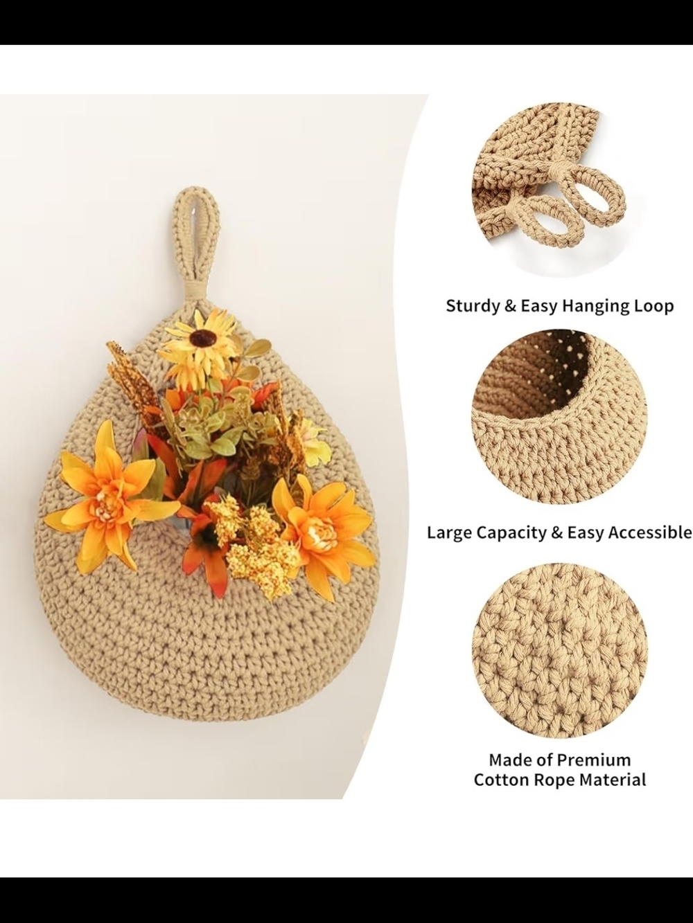 Boho Wall Hanging  Storage Baskets - Natural Beige (Set of 3 )